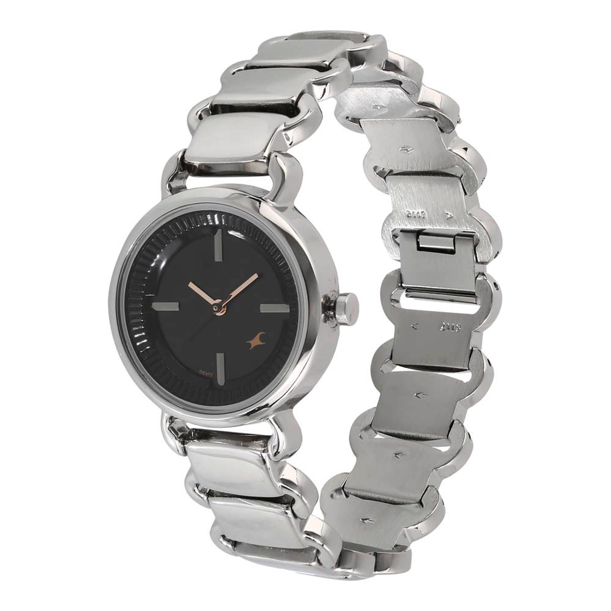 Fastrack Black Dial Silver Metal Strap Analog Watch for Women