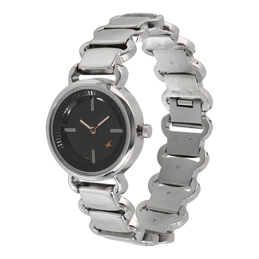Fastrack Black Dial Silver Metal Strap Analog Watch for Women