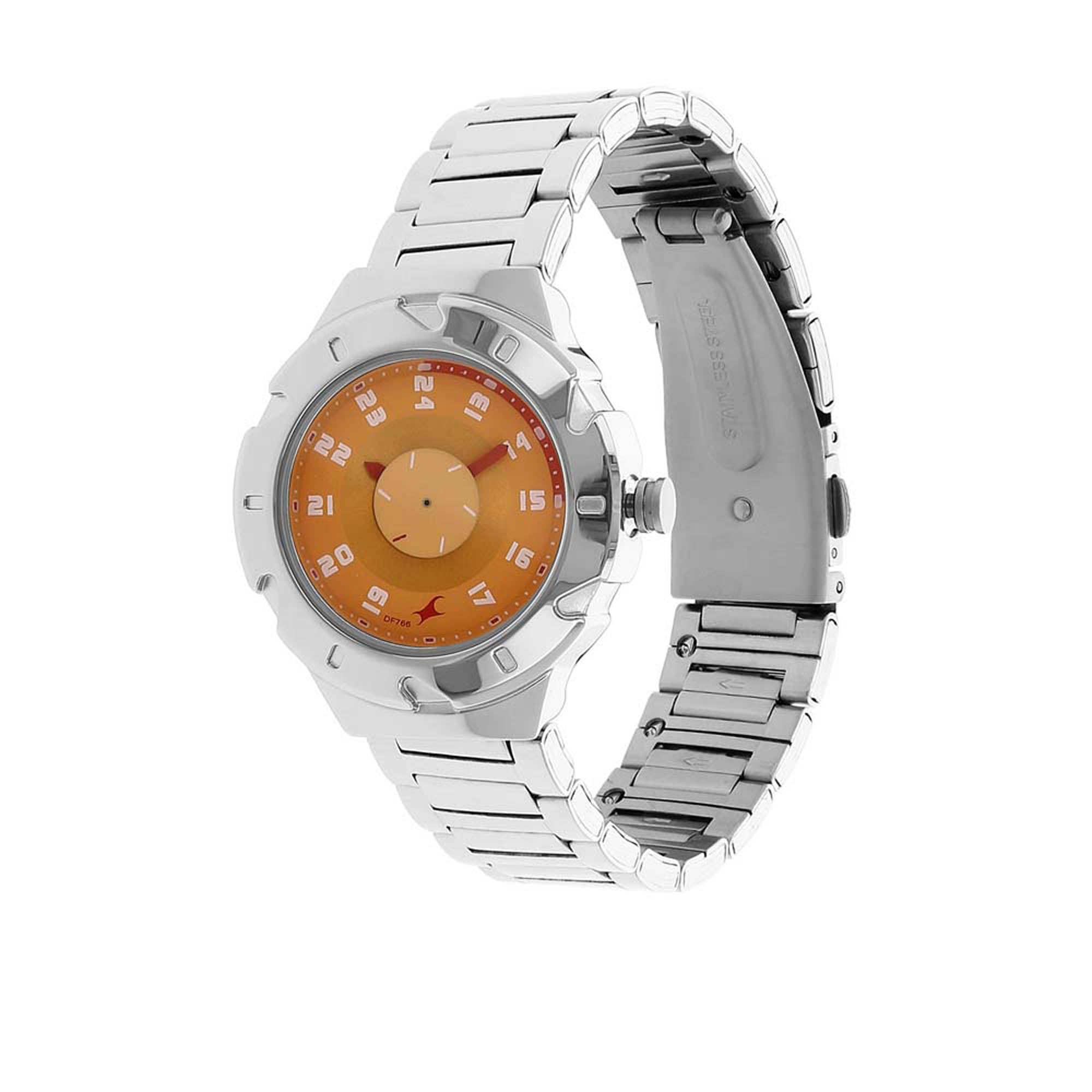 Fastrack Orange Dial Silver Metal Strap Analog Watch for Women