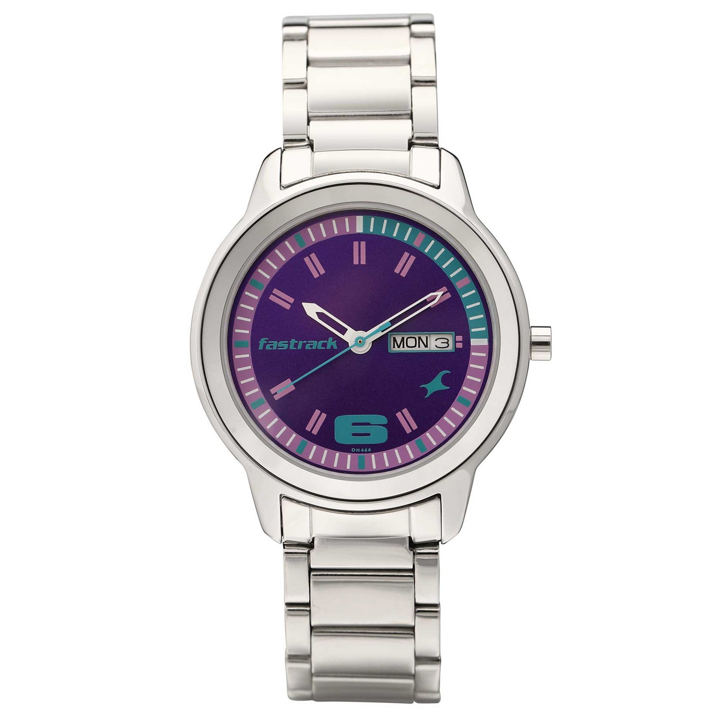 Fastrack Purple Dial Silver Metal Strap Analog with Day and Date Watch for Women