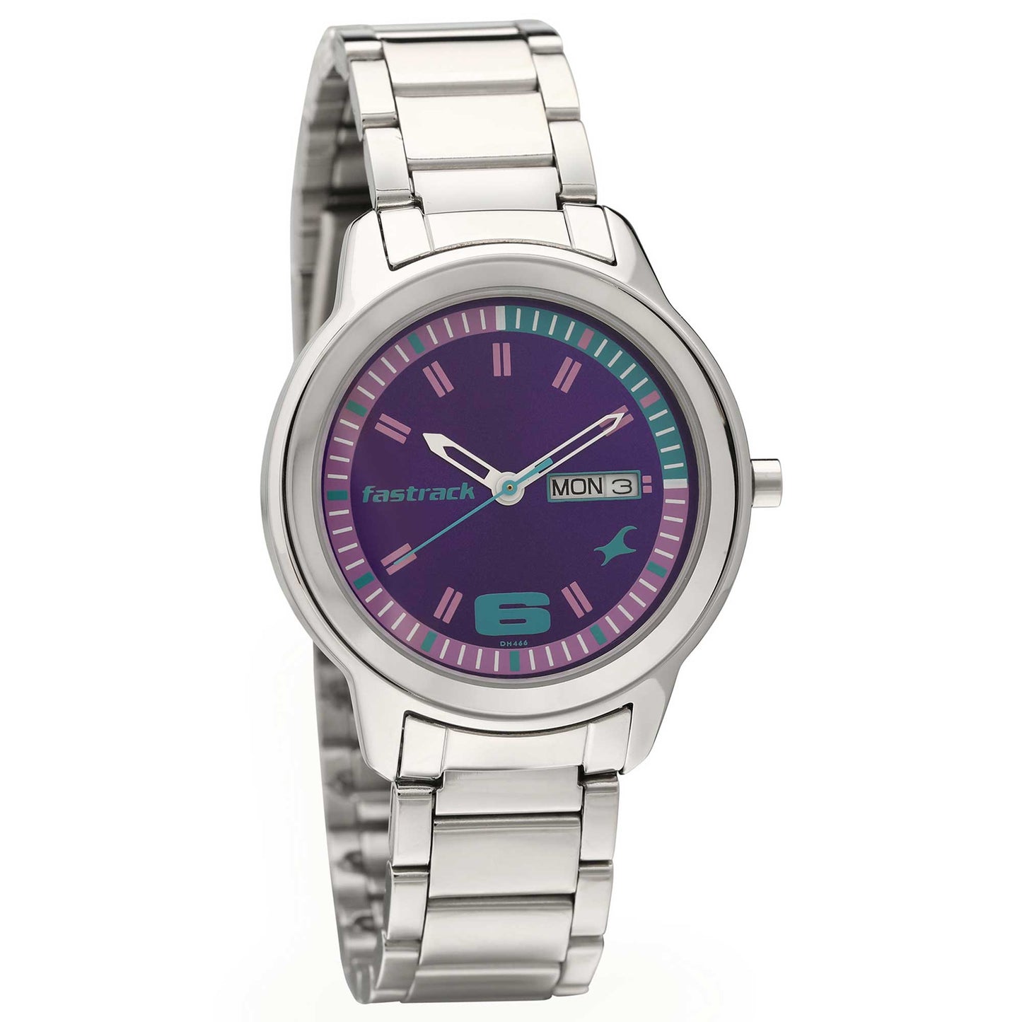 Fastrack Purple Dial Silver Metal Strap Analog with Day and Date Watch for Women