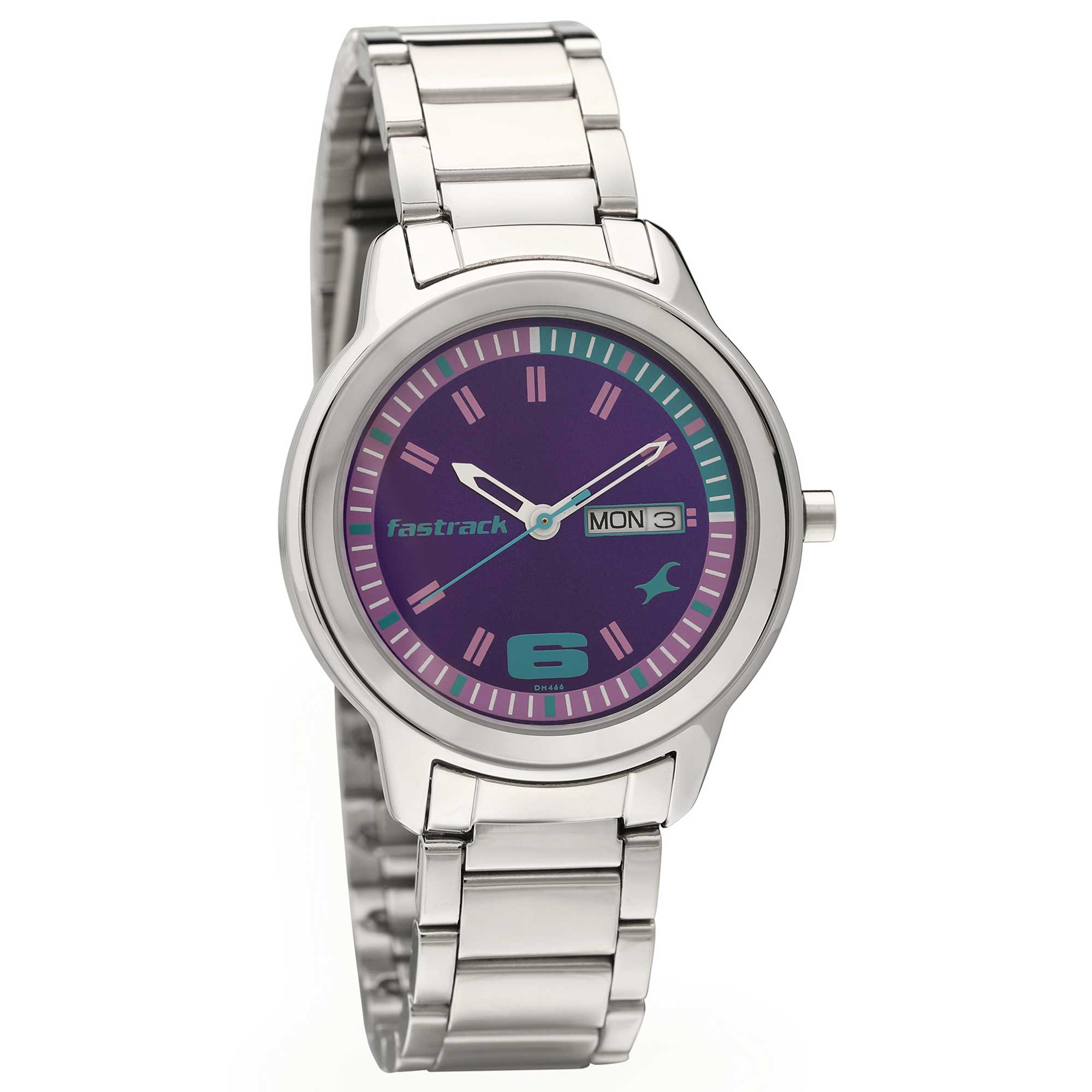 Fastrack Purple Dial Silver Metal Strap Analog with Day and Date Watch for Women