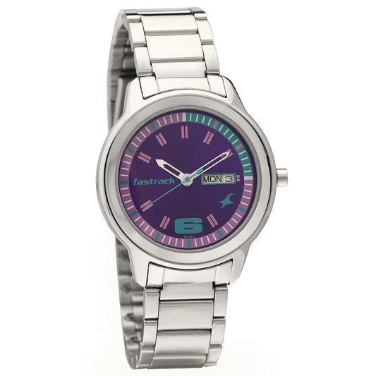 Fastrack Purple Dial Silver Metal Strap Analog with Day and Date Watch for Women