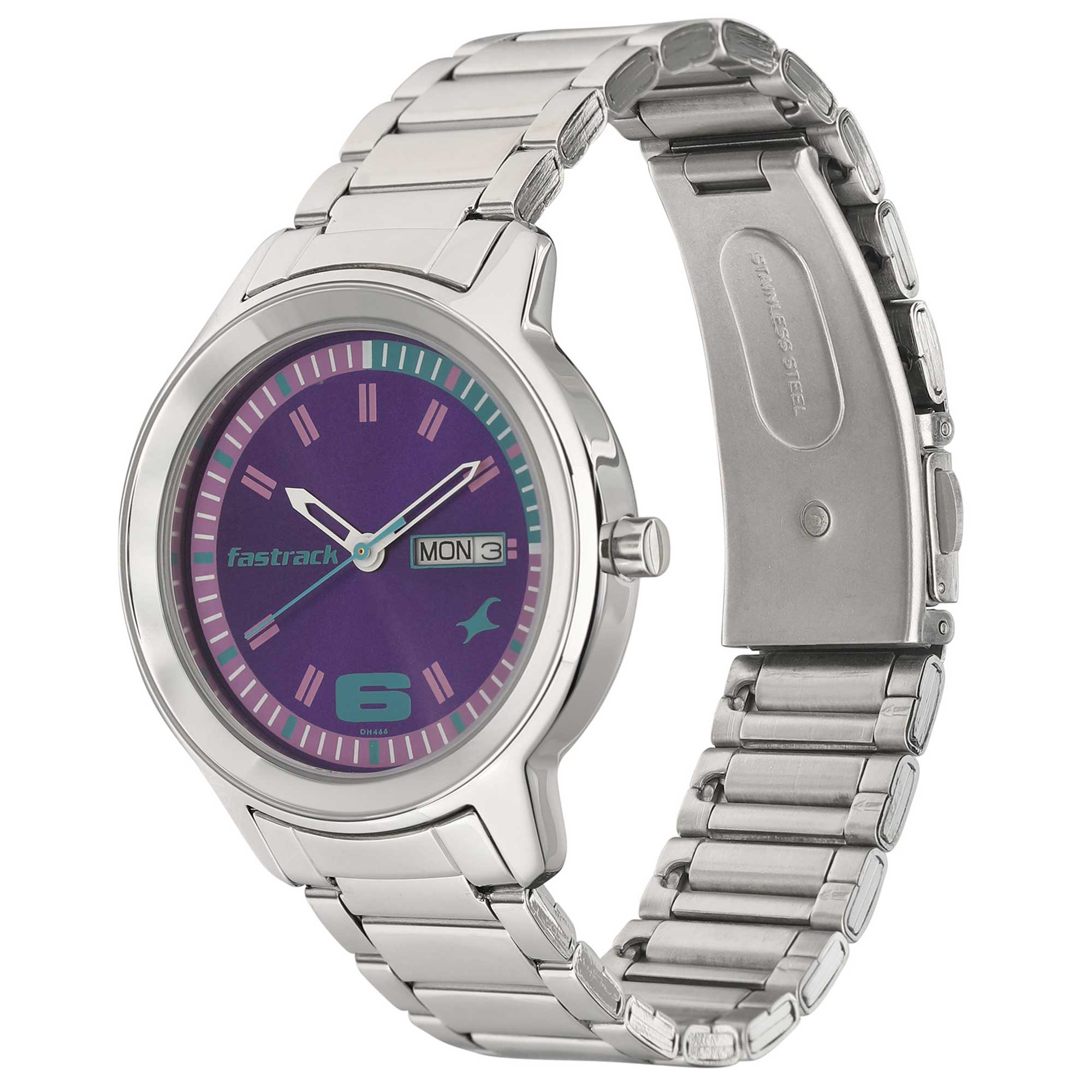 Fastrack Purple Dial Silver Metal Strap Analog with Day and Date Watch for Women