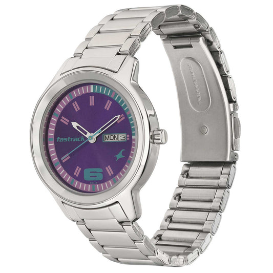 Fastrack Purple Dial Silver Metal Strap Analog with Day and Date Watch for Women