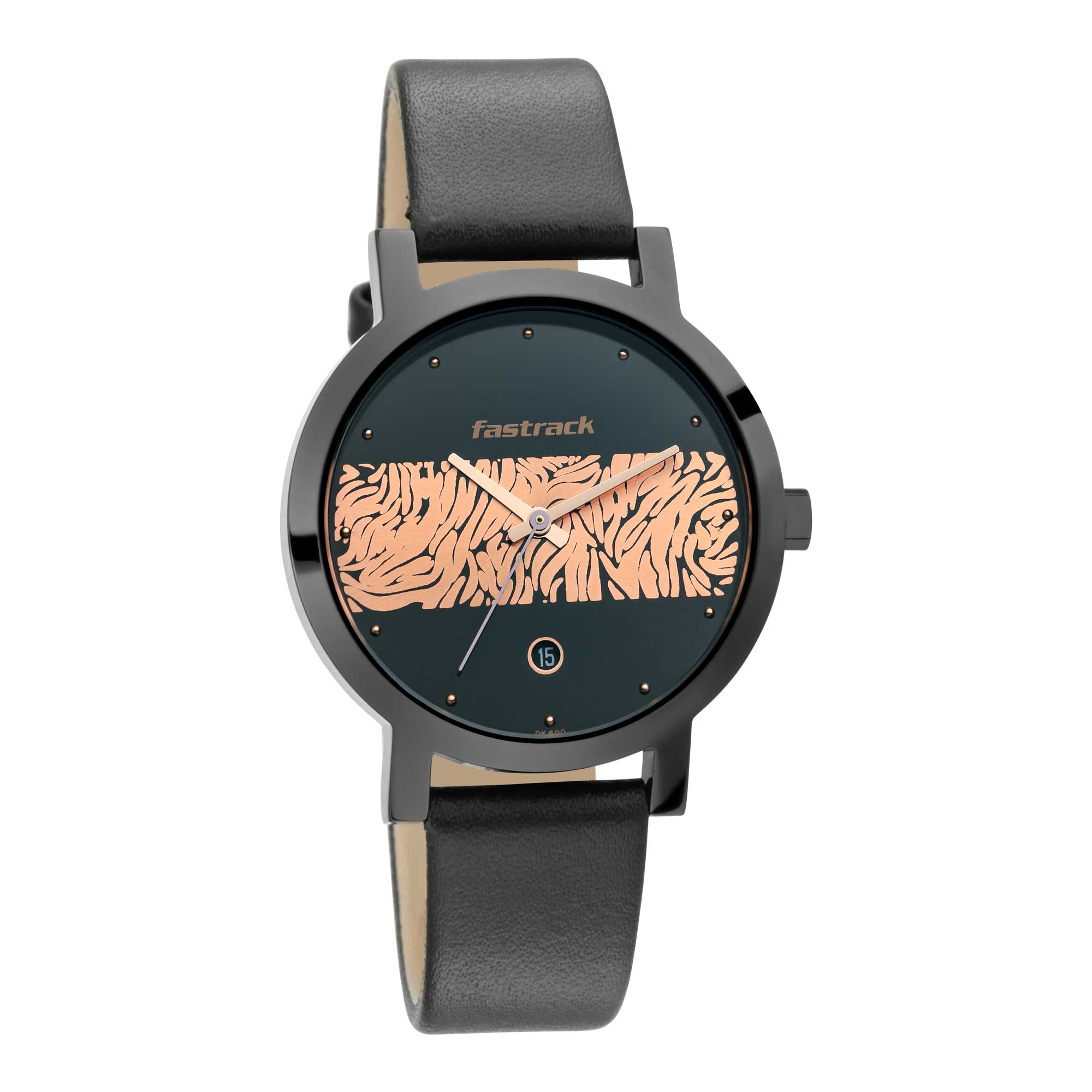 Fastrack Fashion Dual Color Dial Black Leather Strap Analog with Date Watch for Women
