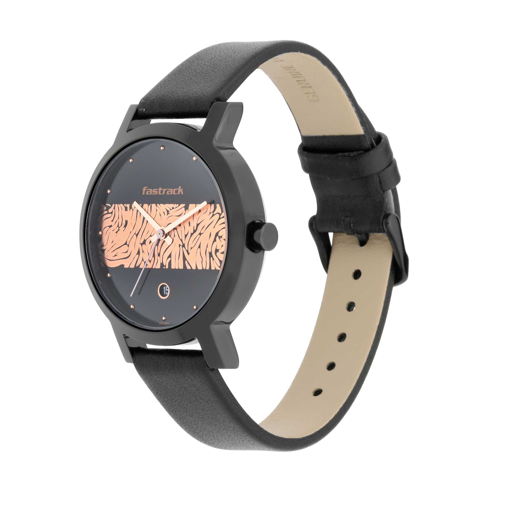 Fastrack Fashion Dual Color Dial Black Leather Strap Analog with Date Watch for Women