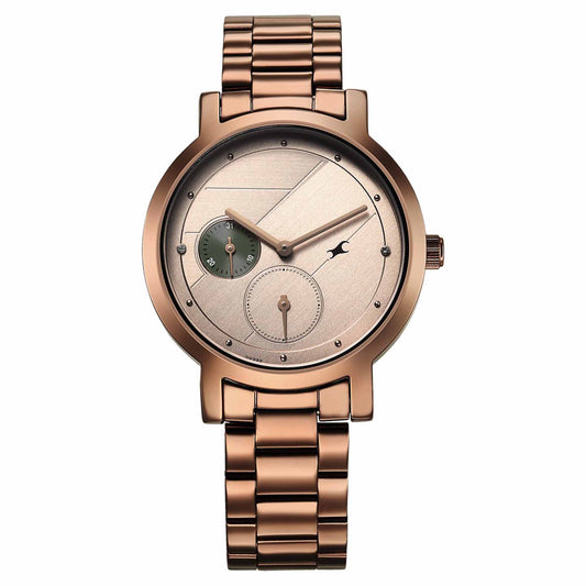 Fastrack Tick Tock Quartz Analog Beige Dial With Brown Stainless steel Strap Watch for Girls