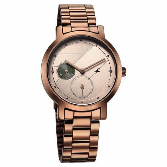 Fastrack Tick Tock Quartz Analog Beige Dial With Brown Stainless steel Strap Watch for Girls