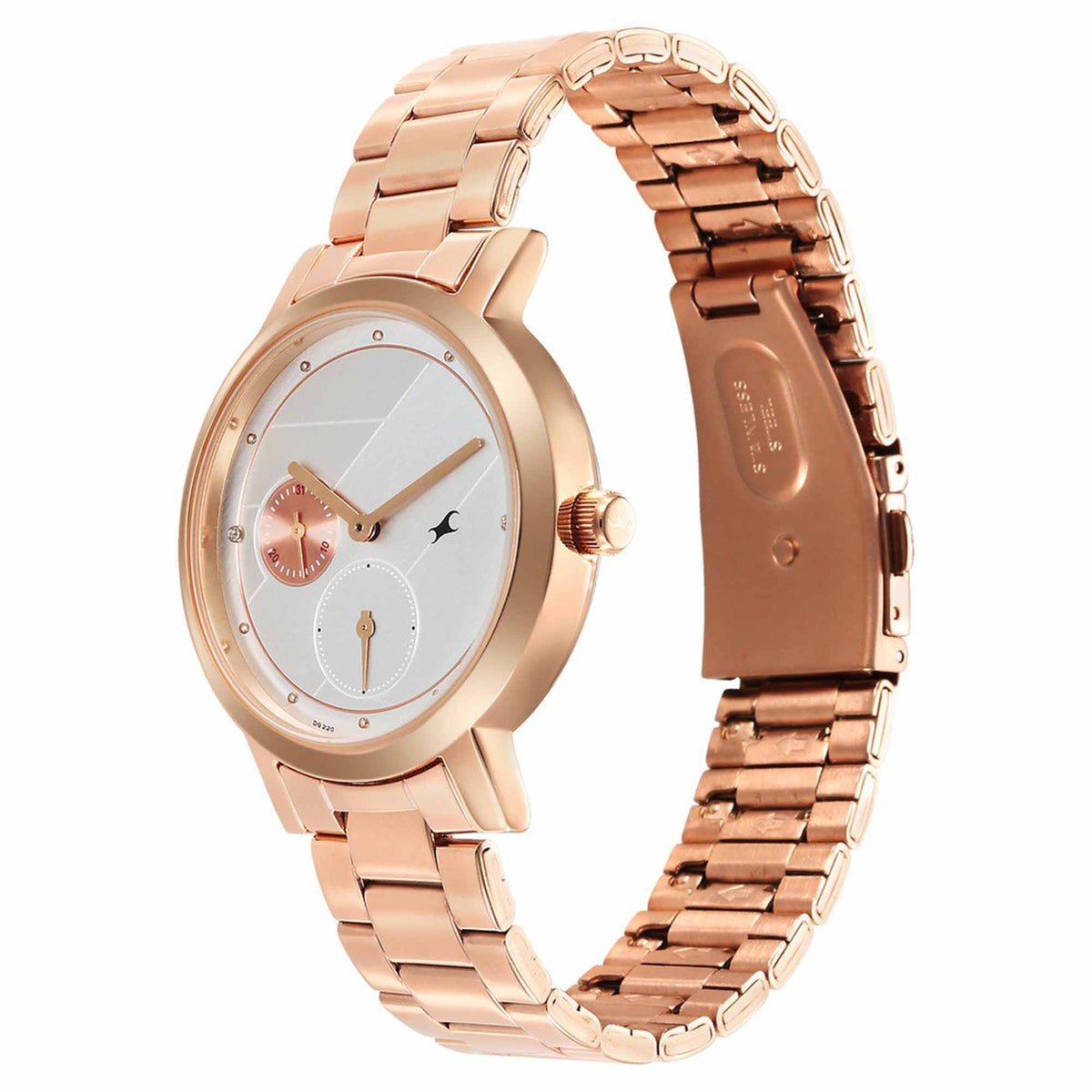 Fastrack Tick Tock Quartz Analog Silver Dial With Rose Gold Stainless steel Strap Watch for Girls