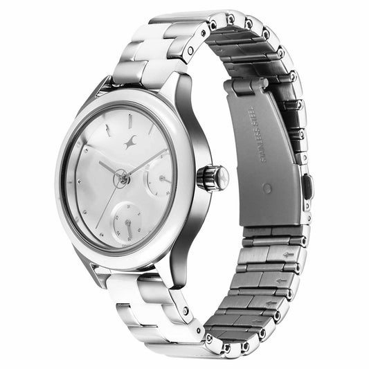 Fastrack Silver Dial Steel & Ceramic Strap Multifunction Watch for Women