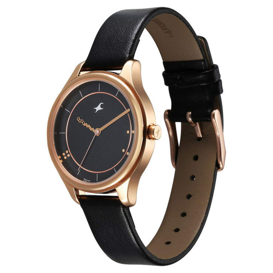Fastrack Stunners Quartz Analog Black Dial Black Leather Strap Watch For Girls