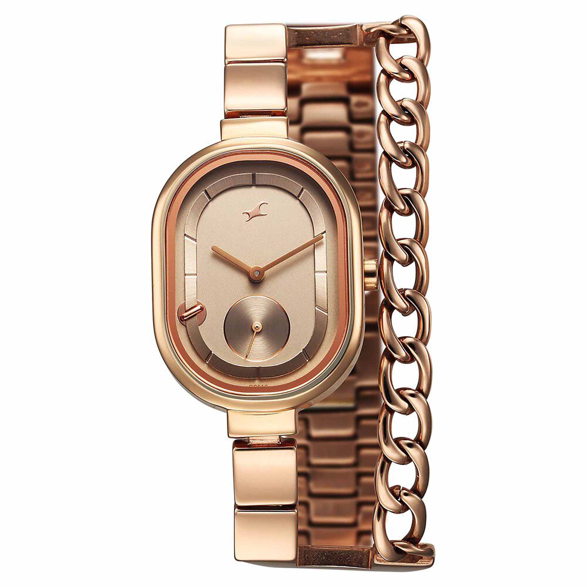 Fastrack Champagne Oval Dial Rose Gold Metal Strap Analog Watch for Women