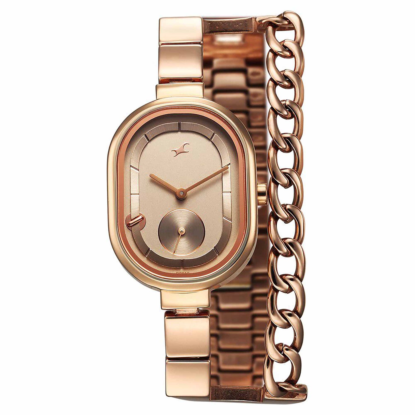 Fastrack Champagne Oval Dial Rose Gold Metal Strap Analog Watch for Women