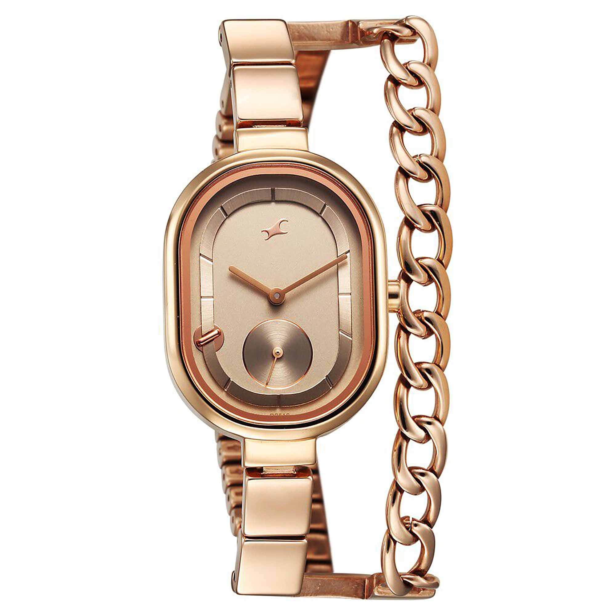 Fastrack Champagne Oval Dial Rose Gold Metal Strap Analog Watch for Women