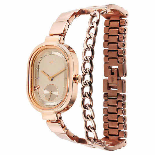 Fastrack Champagne Oval Dial Rose Gold Metal Strap Analog Watch for Women