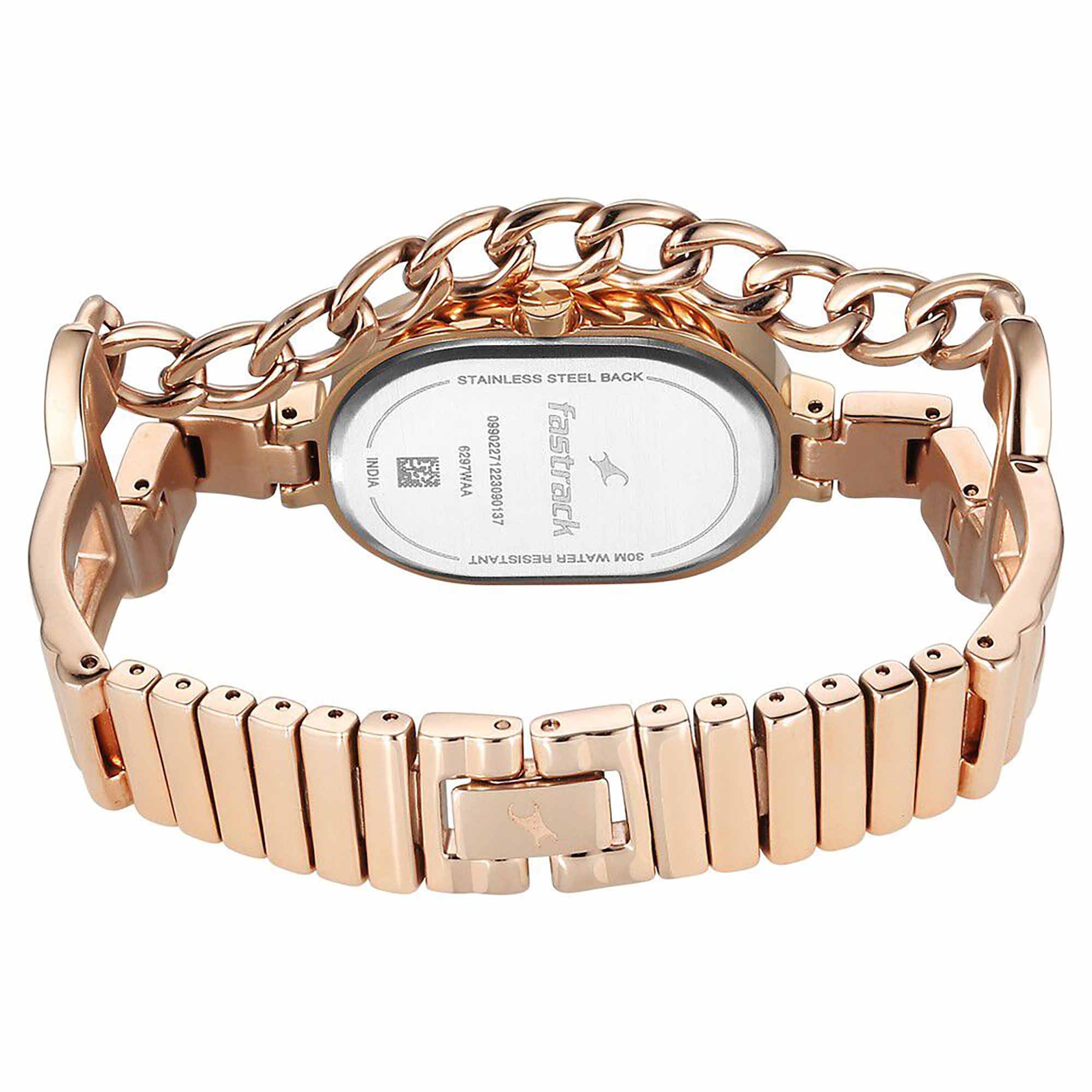 Fastrack Champagne Oval Dial Rose Gold Metal Strap Analog Watch for Women