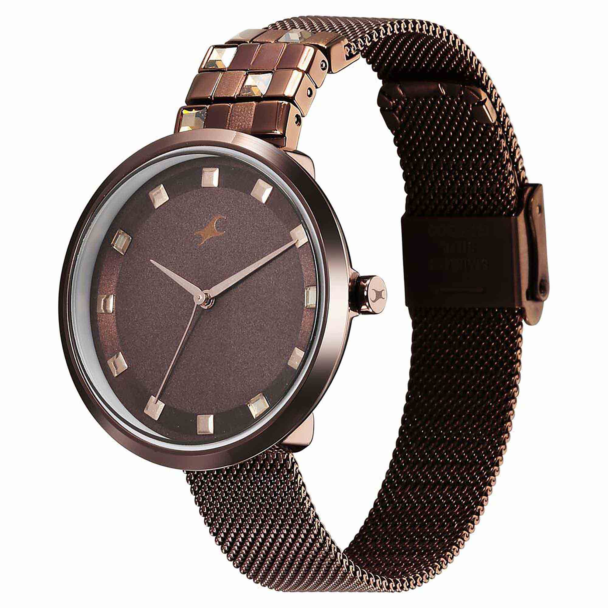 Fastrack Fleek Quartz Analog Brown Dial Stainless Steel Strap Watch for Girls