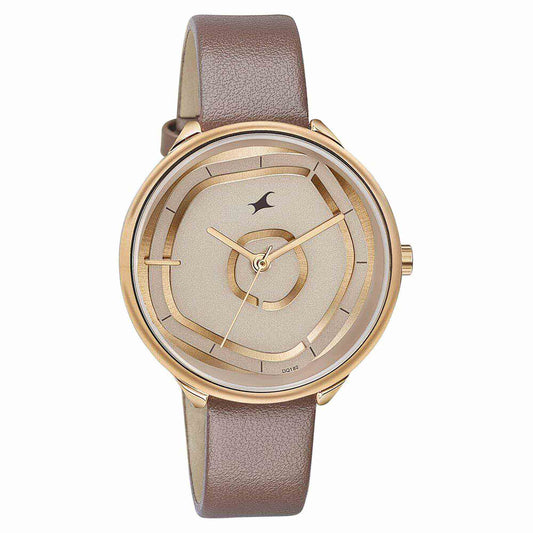 Fastrack Stunners Multifunction Rose Gold Dial Brown Leather Strap Watch For Girls