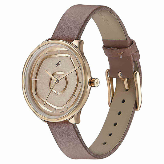 Fastrack Stunners Multifunction Rose Gold Dial Brown Leather Strap Watch For Girls