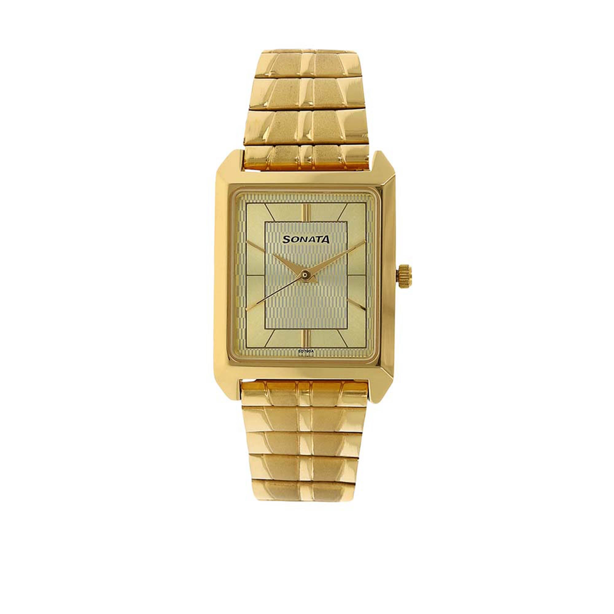 Sonata Champagne Rectangle Dial Gold Metal Strap Analog Watch for Men