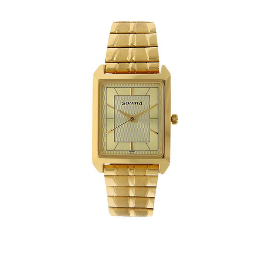 Sonata Champagne Rectangle Dial Gold Metal Strap Analog Watch for Men