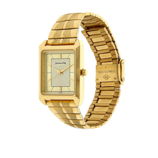 Sonata Champagne Rectangle Dial Gold Metal Strap Analog Watch for Men
