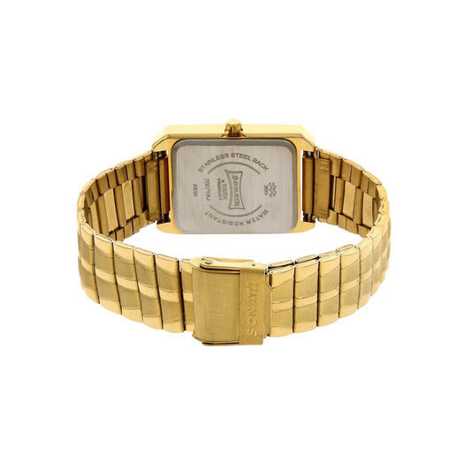 Sonata Champagne Rectangle Dial Gold Metal Strap Analog Watch for Men