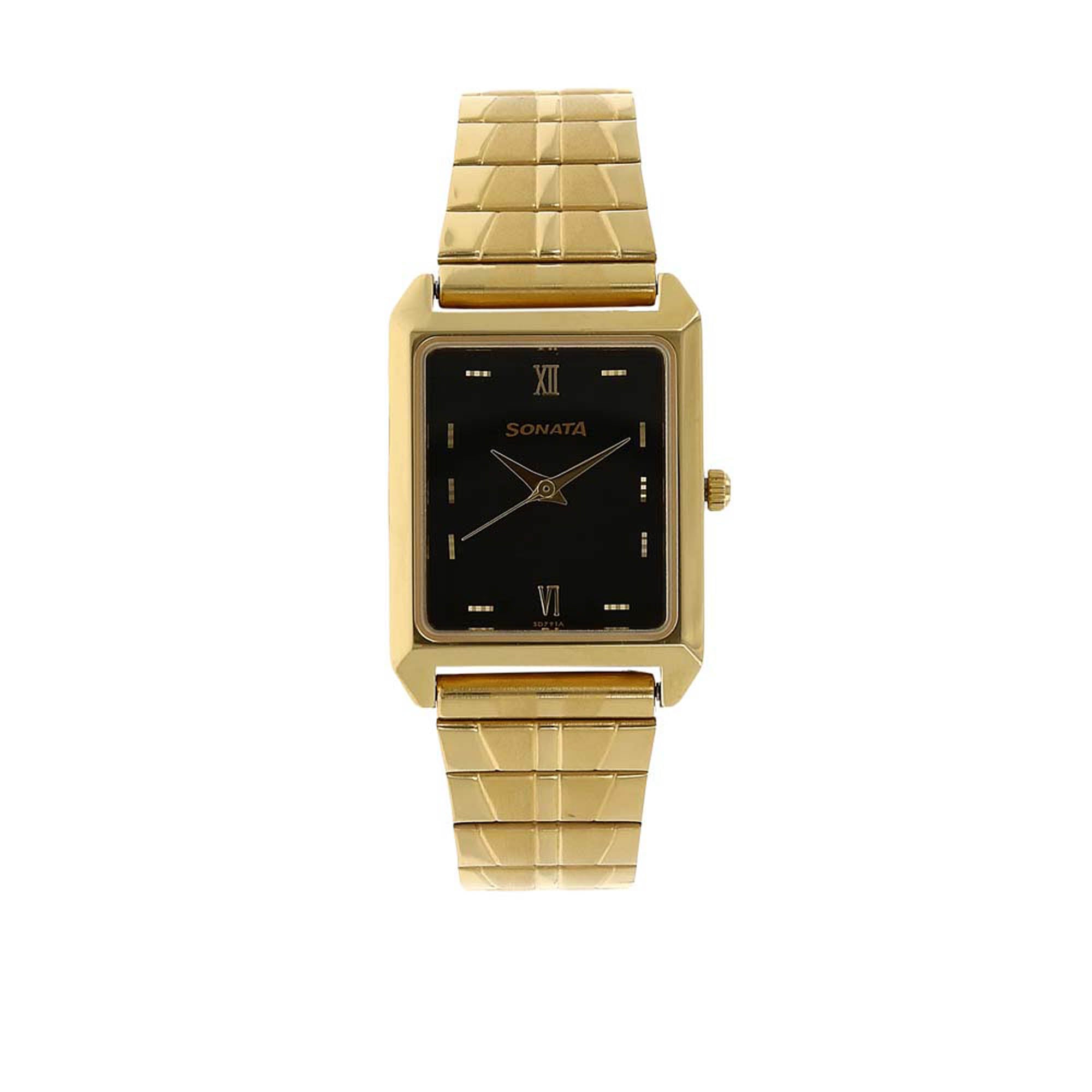Sonata Black Rectangular Dial Gold Metal Strap Analog Watch for Men