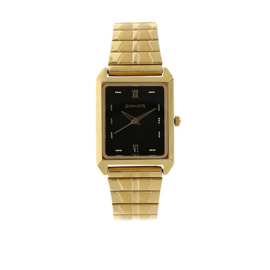 Sonata Black Rectangular Dial Gold Metal Strap Analog Watch for Men