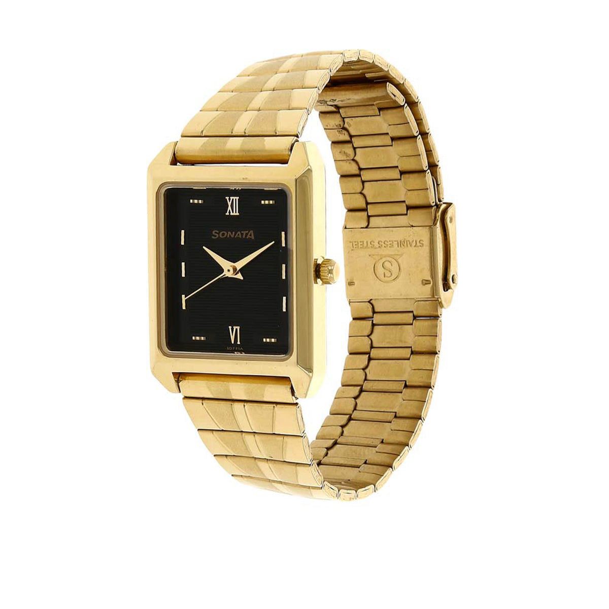 Sonata Black Rectangular Dial Gold Metal Strap Analog Watch for Men