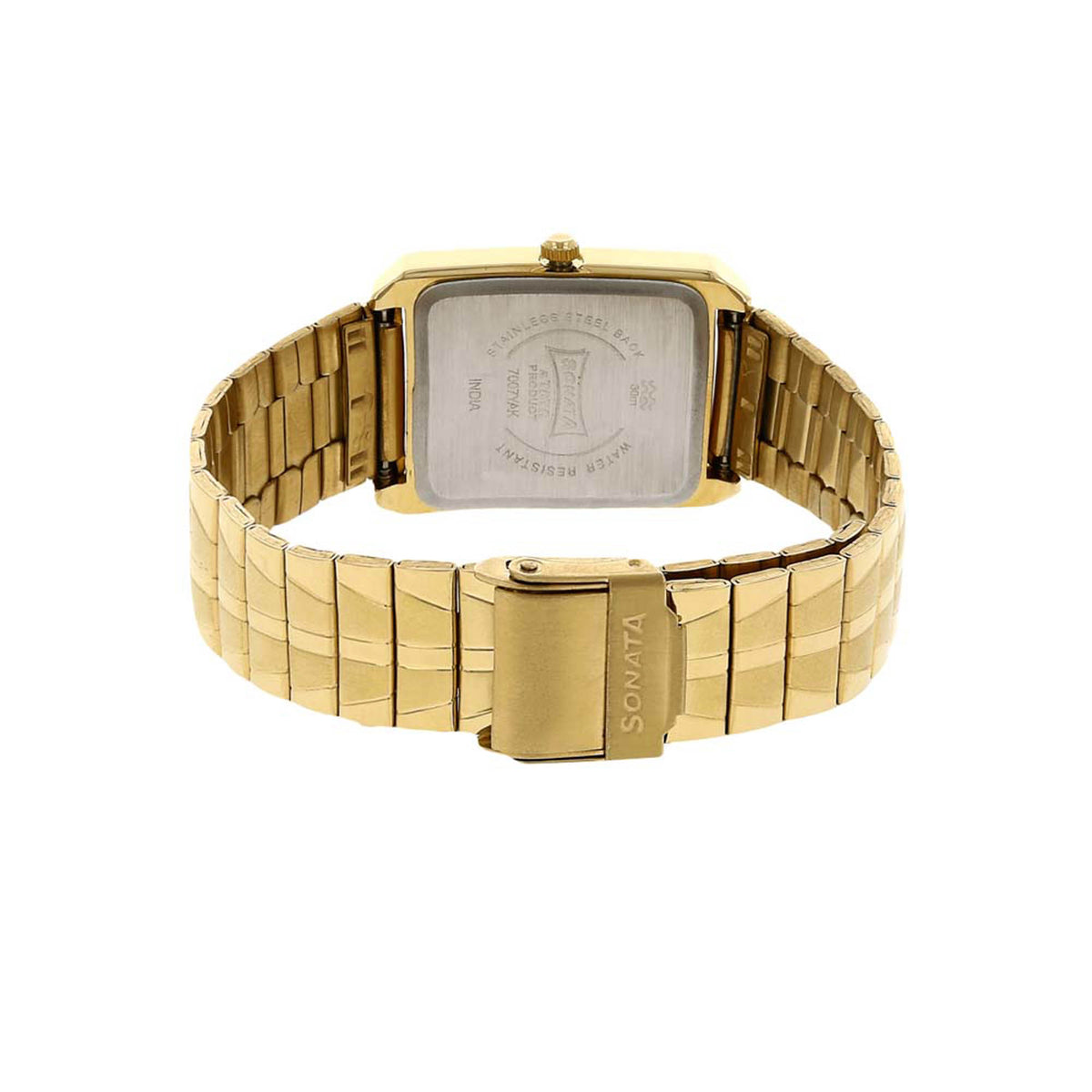 Sonata Black Rectangular Dial Gold Metal Strap Analog Watch for Men