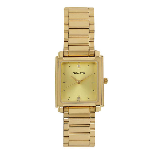 Sonata Champagne Rectangle Dial Gold Metal Strap Analog Watch for Men