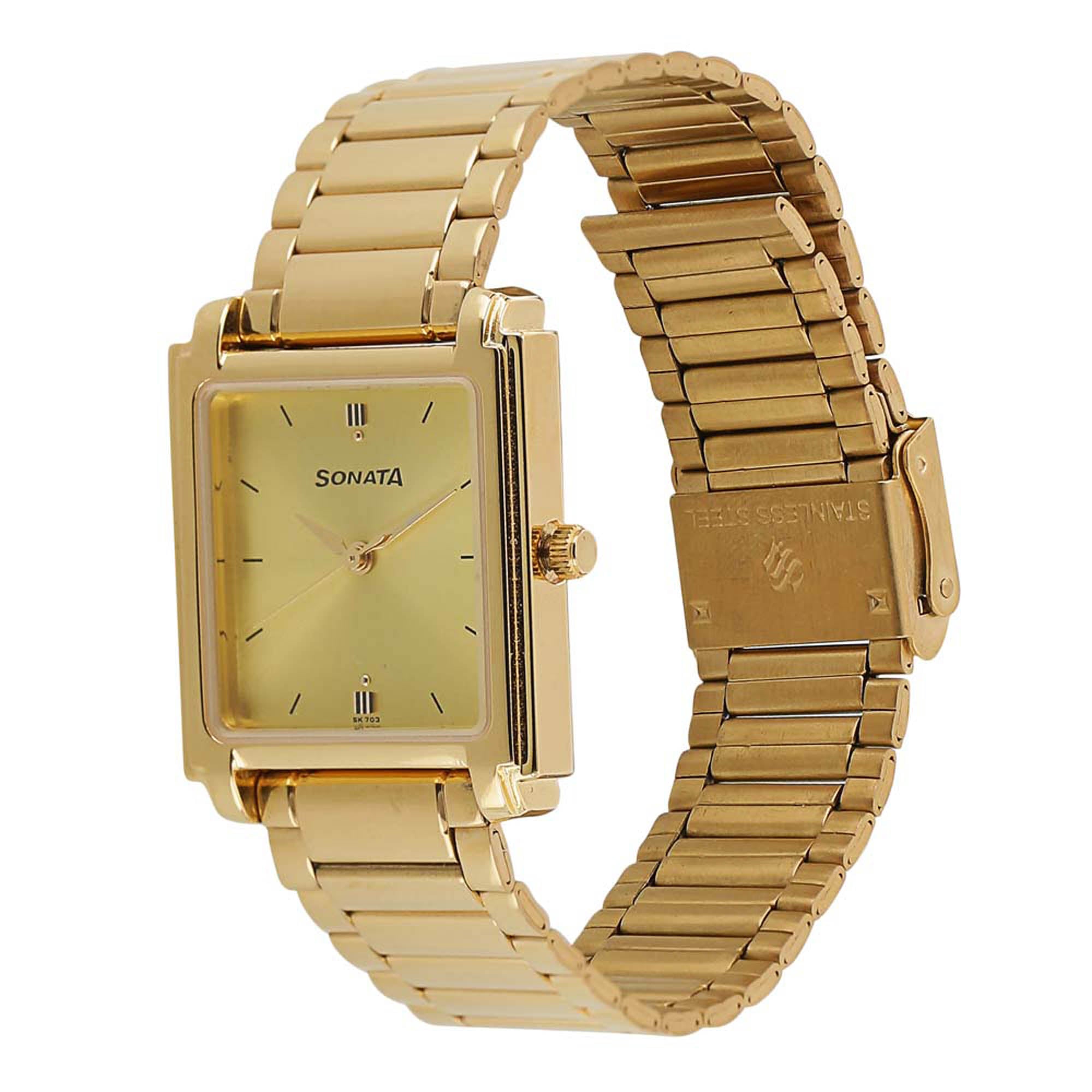 Sonata Champagne Rectangle Dial Gold Metal Strap Analog Watch for Men