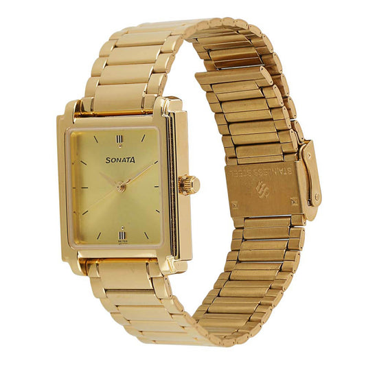 Sonata Champagne Rectangle Dial Gold Metal Strap Analog Watch for Men