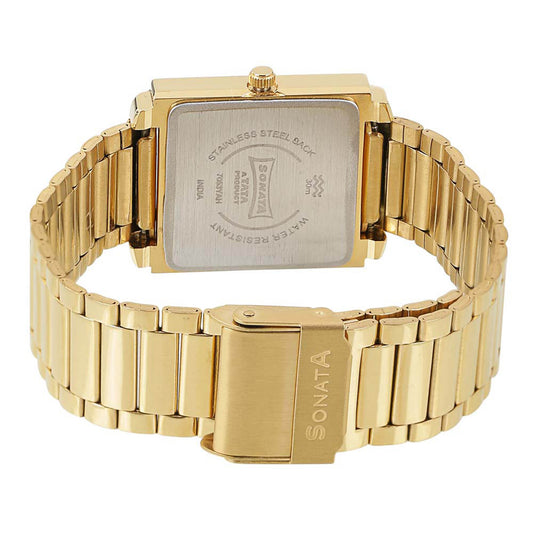 Sonata Champagne Rectangle Dial Gold Metal Strap Analog Watch for Men