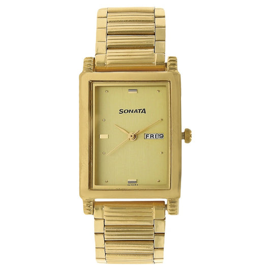 Sonata Quartz Analog with Day and Date Champagne Dial Stainless Steel Strap Watch for Men