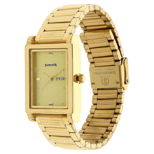 Sonata Quartz Analog with Day and Date Champagne Dial Stainless Steel Strap Watch for Men