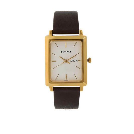 Sonata White Rectangle Dial Brown Leather Strap Analog with Day and Date Watch for Men