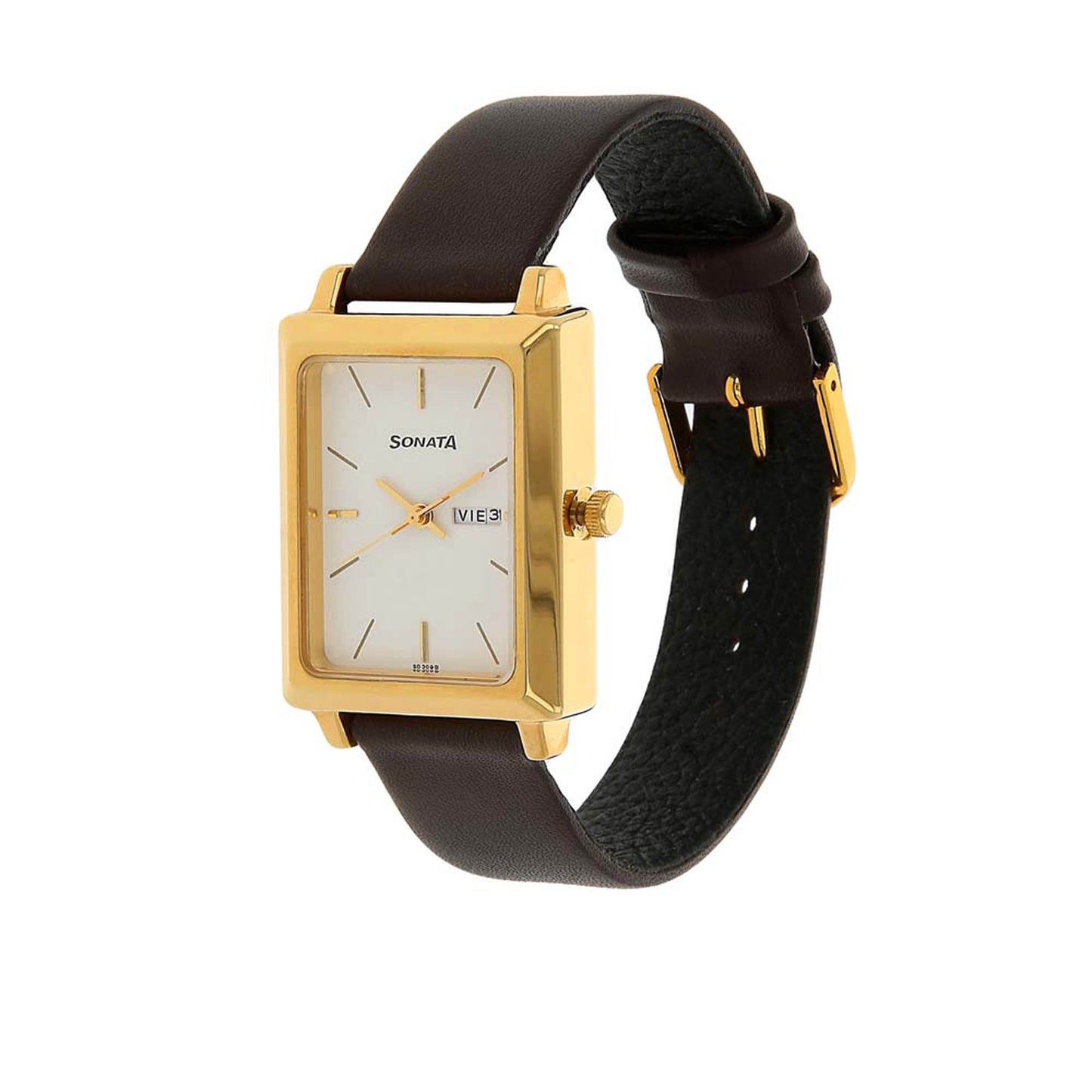 Sonata White Rectangle Dial Brown Leather Strap Analog with Day and Date Watch for Men