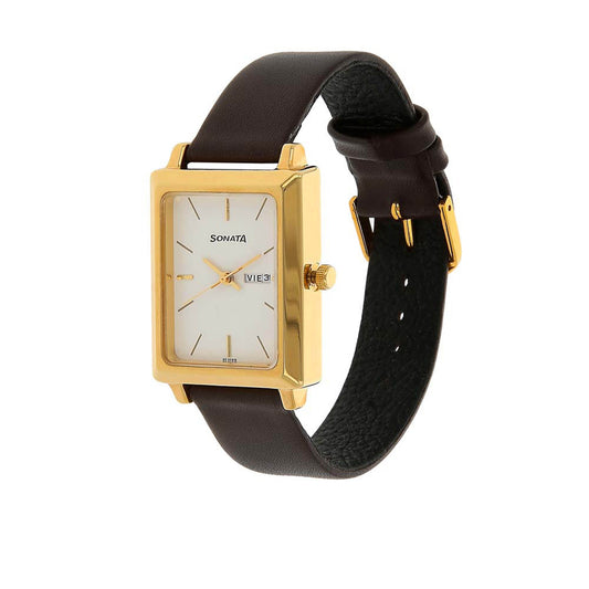 Sonata White Rectangle Dial Brown Leather Strap Analog with Day and Date Watch for Men