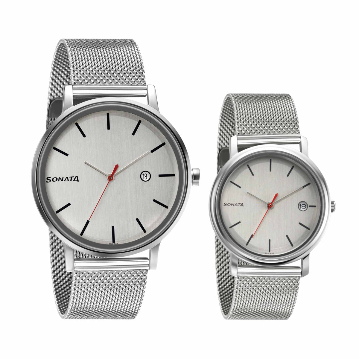 Sonata White Dial Silver Metal Strap Analog with Date Watch for Couple