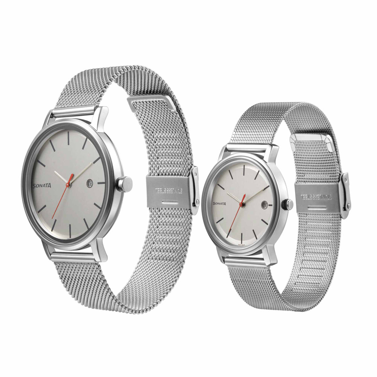Sonata White Dial Silver Metal Strap Analog with Date Watch for Couple
