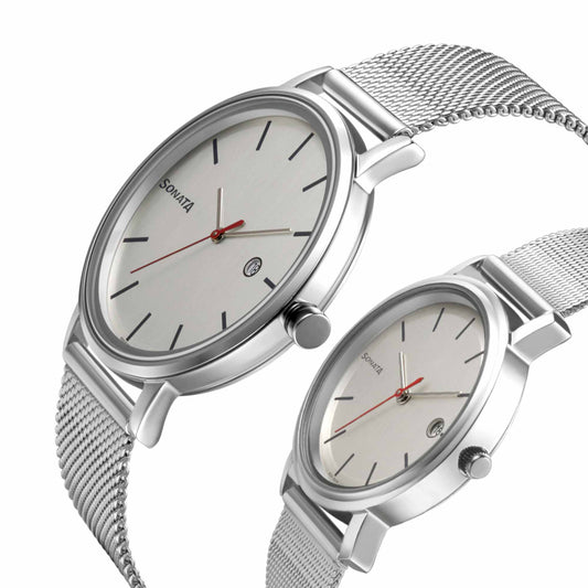 Sonata White Dial Silver Metal Strap Analog with Date Watch for Couple