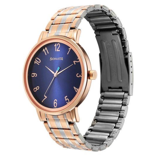 Sonata Blue Dial Two Toned Stainless Steel Strap Analog Watch for Men