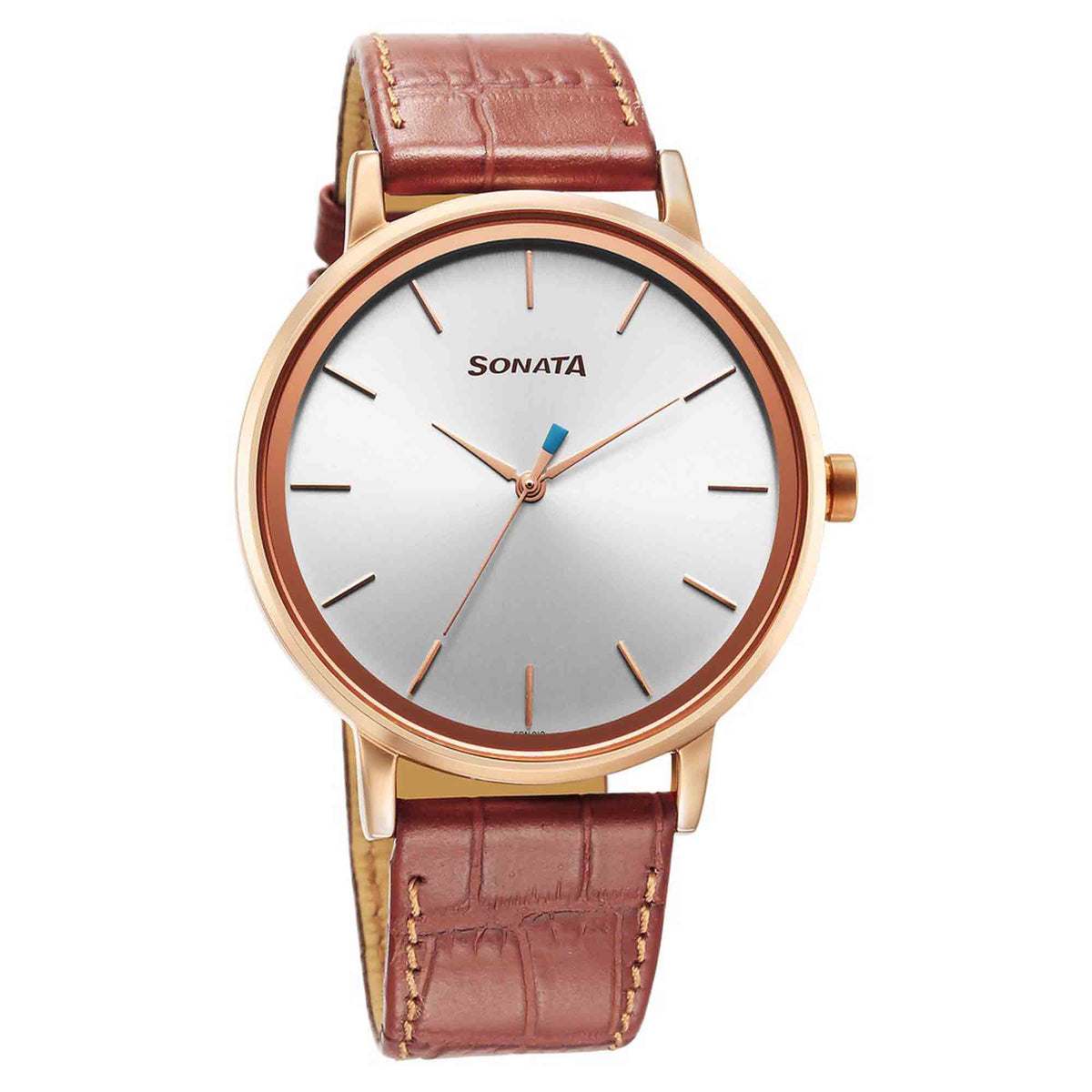 Sonata Silver Dial Brown Leather Strap Analog Watch for Men