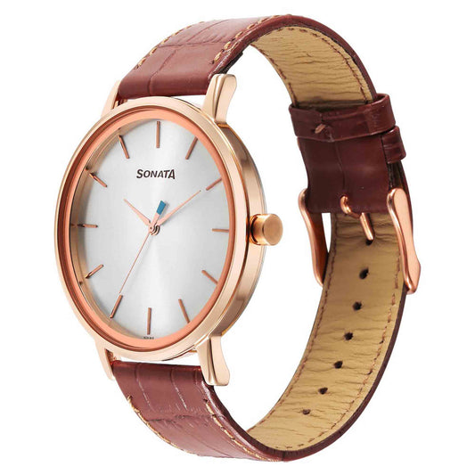 Sonata Silver Dial Brown Leather Strap Analog Watch for Men