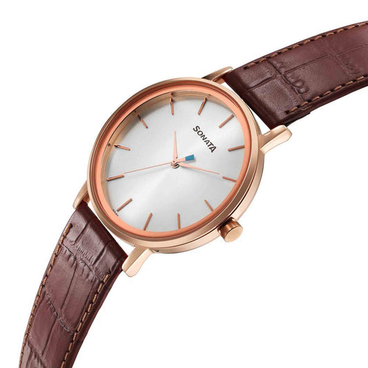 Sonata Silver Dial Brown Leather Strap Analog Watch for Men