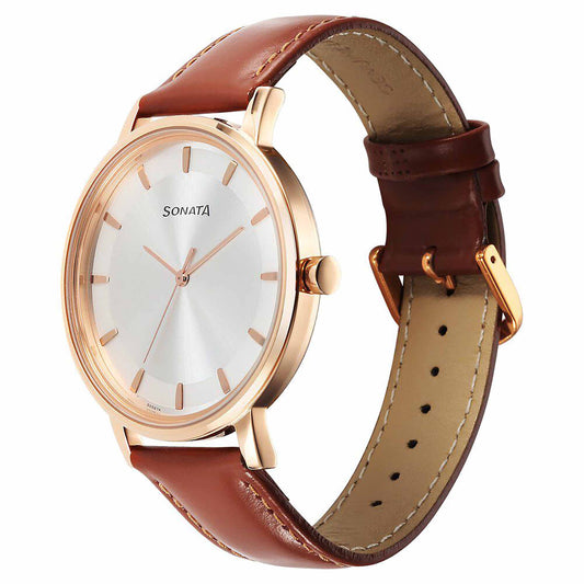 Sota Utsav Quartz Alog Silver Dial Leather Strap Watch for Men (7131WL06)