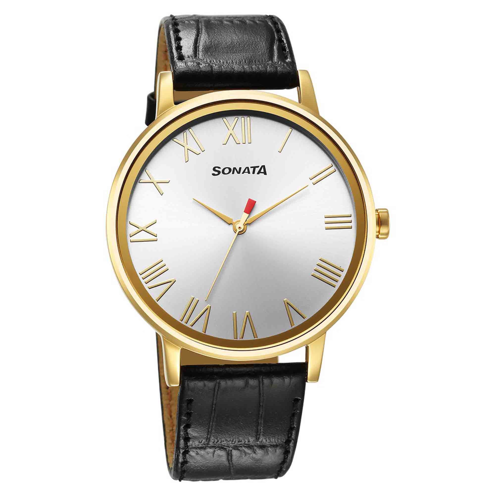 Sonata Silver Dial Black Leather Strap Analog Watch for Men
